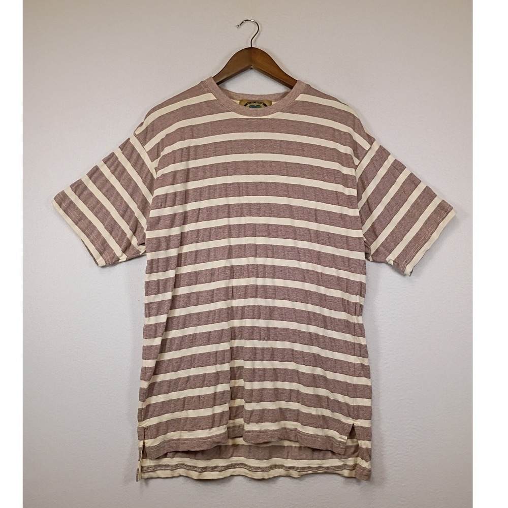 Earthy Coastal Native Habitat Mens Large Mauve Striped Cotton High-Low Tee